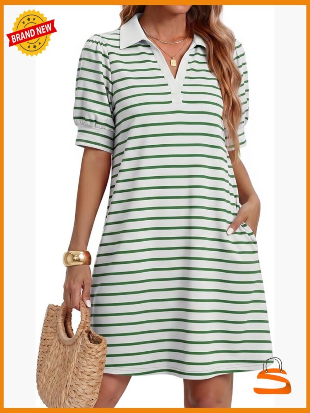 Striped V-Neck Mini Dress Short Sleeve A-Line Flowy Casual